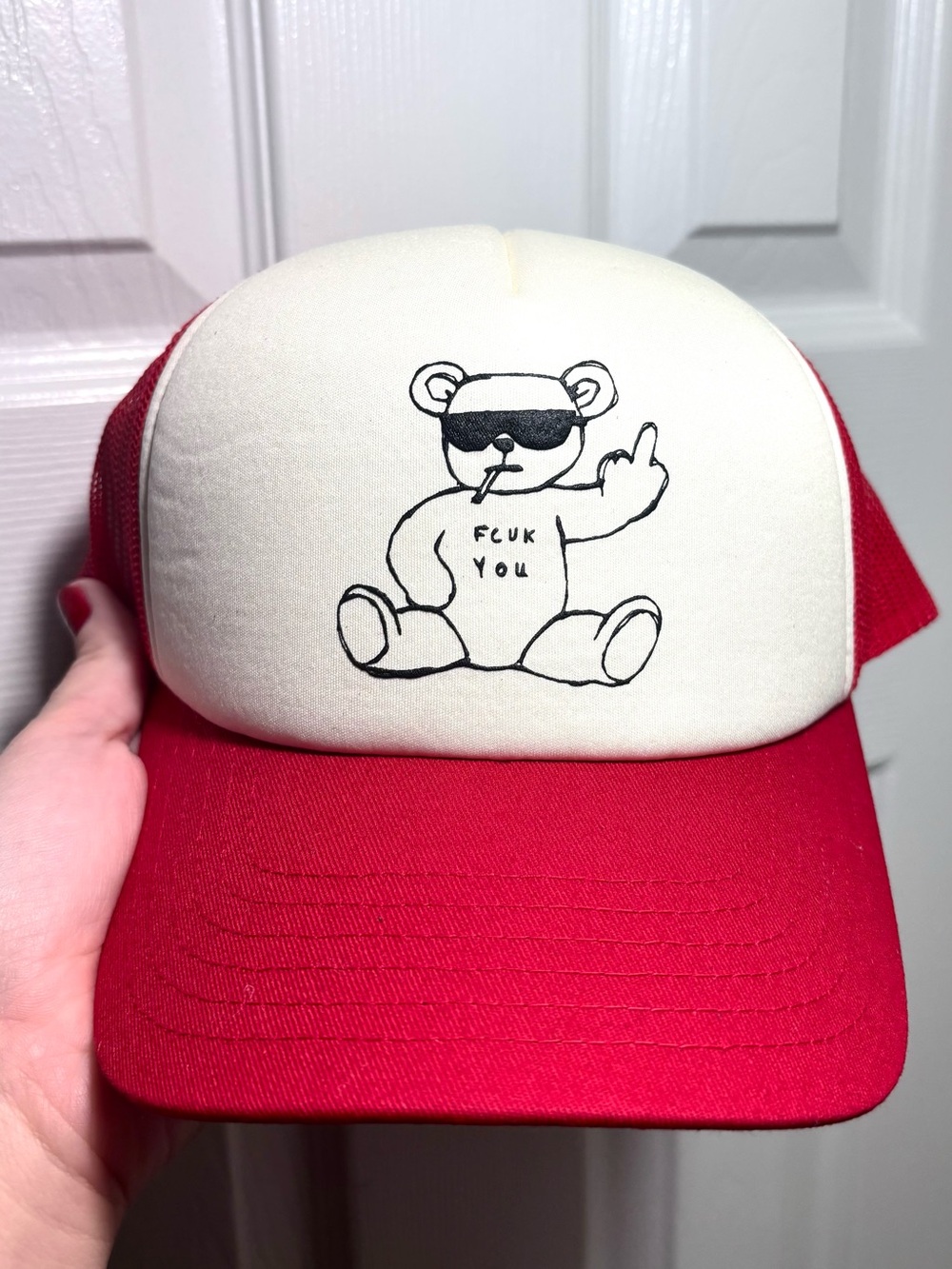 NWT French Connection FCUK Smoking Bear Red White SnapBack Trucker Hat Graphic